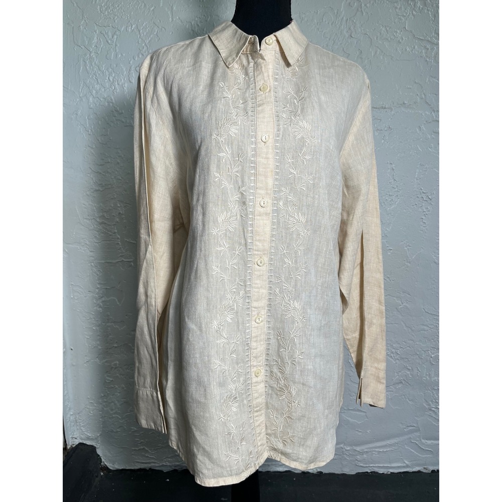 L.L.Bean XL Embroidered Linen Button Down Shirt Ivory Floral Boho Coastal